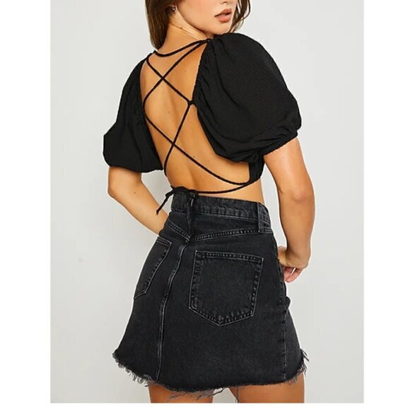 PRETTY garbage women’s black criss cross open back crop top - Picture 2 of 6